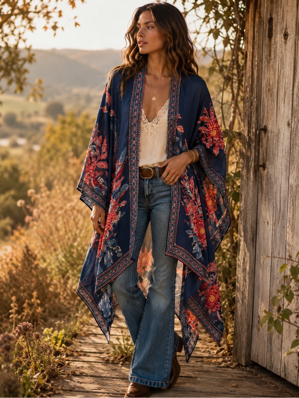 Flying Tomato Navy Floral Boho Kimono Duster Ruana Open Front S/M
